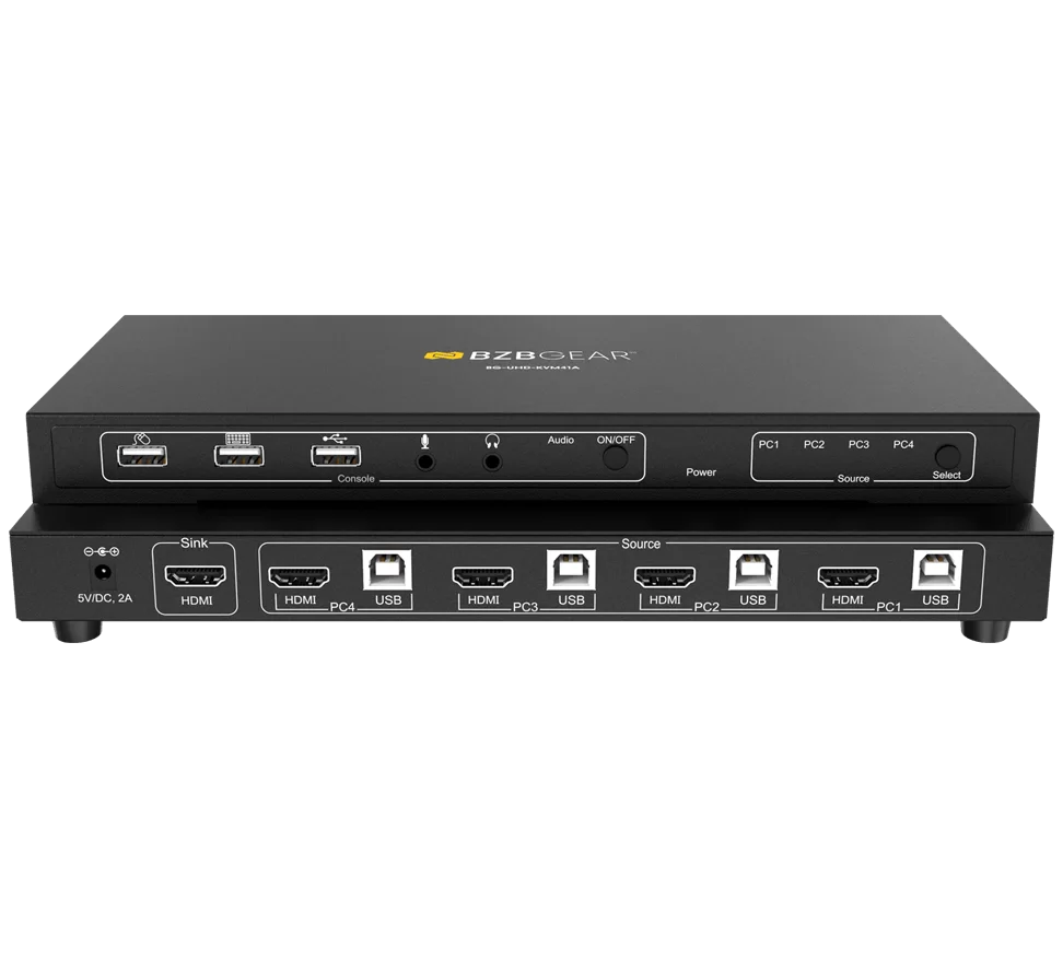 4x1 4K UHD KVM Switcher with USB 2.0 Ports for Peripherals and Audio Support