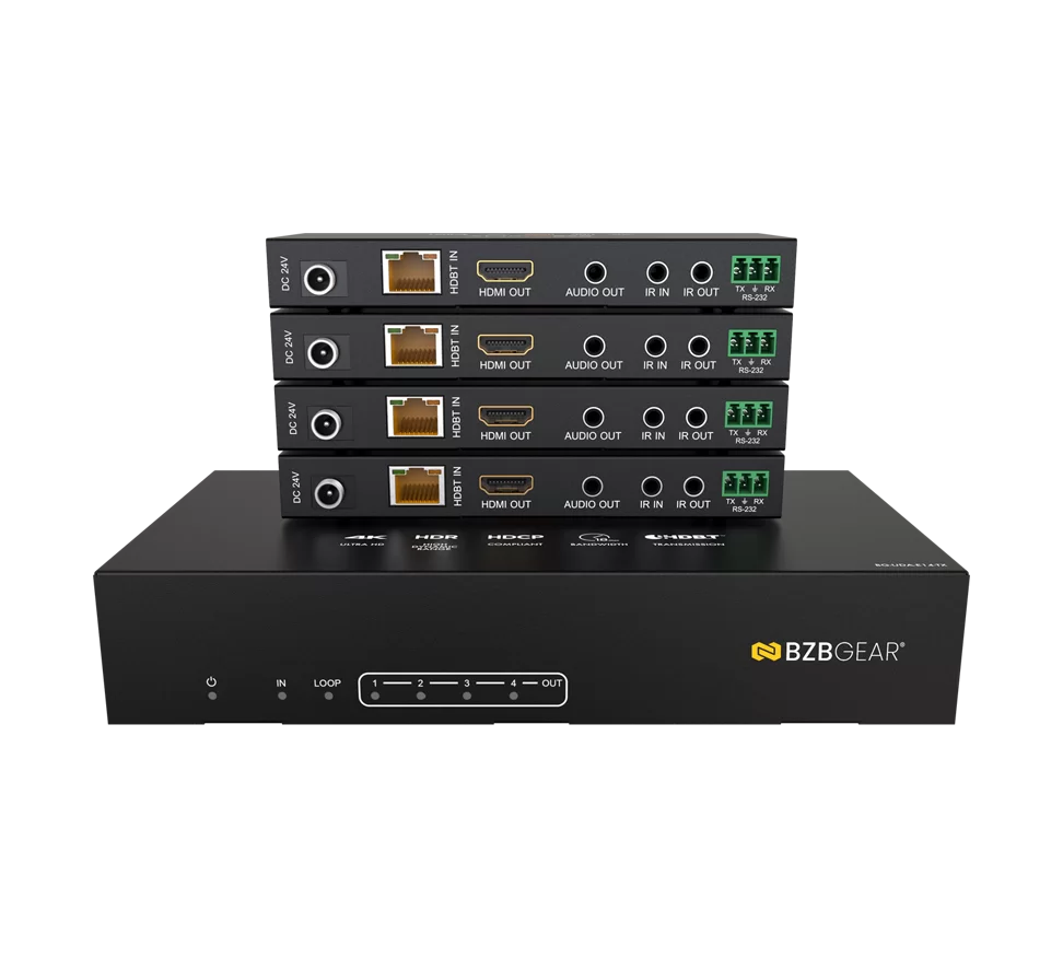 1x4 4K UHD HDMI HDBaset Splitter/Distribution Amplifier Kit with 4 Receivers and IR/RS-232/Audio De-embedding up to 390ft Over Category Cable