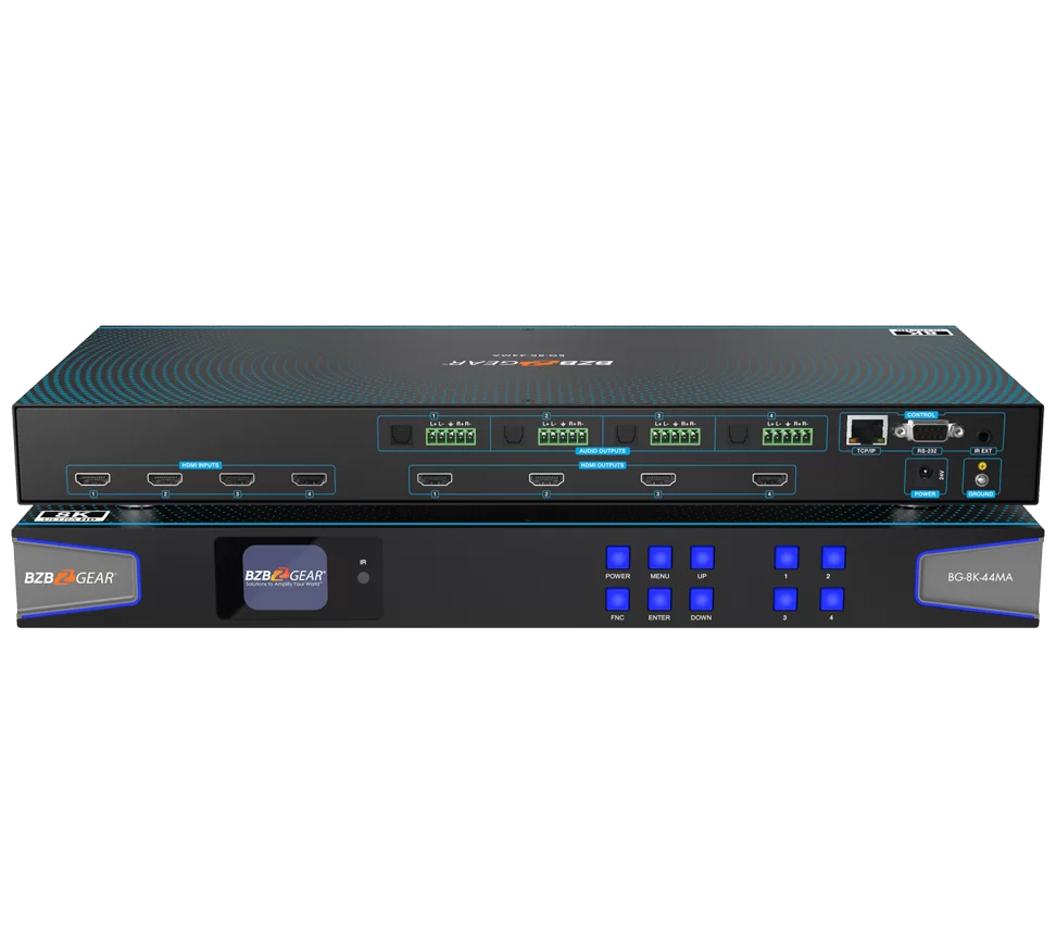 4x4 8K UHD HDMI 2.1 Matrix Switcher with Auto Downscaling/Audio De-Embedding (8K60/4K120 and VRR/FVA/ALLM Support)