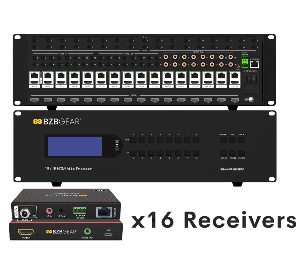 16x16 4K UHD Seamless HDMI Matrix Switcher/Video Wall Processor/MultiViewer over Cat5e/6/7 Kit with 16 Receivers