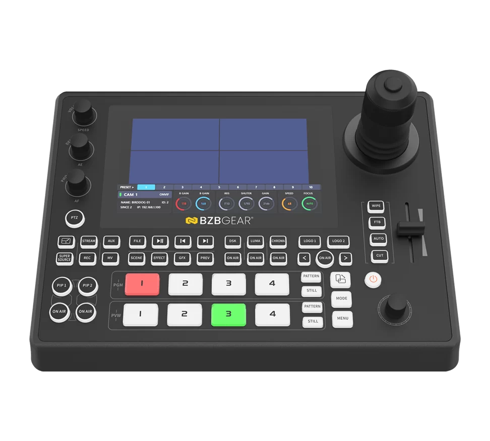All-in-One 4K IP Production Switcher and PTZ Joystick Controller (4-Channel/ Touchscreen/PoE/IP/RS-232)